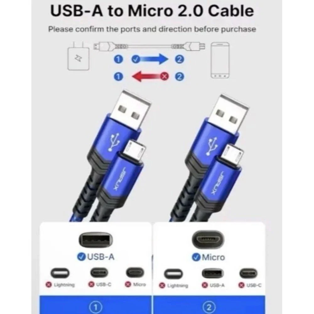 JSAUX 2 Pack Micro USB to USB-A Braided blue Cables CC0023 6.6 FT Each